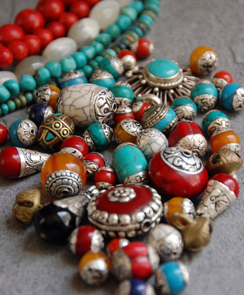 beadbutton_tibetanstash Tibeten beads: amber, turquoise, coral, lapis, naga shell, carnelian