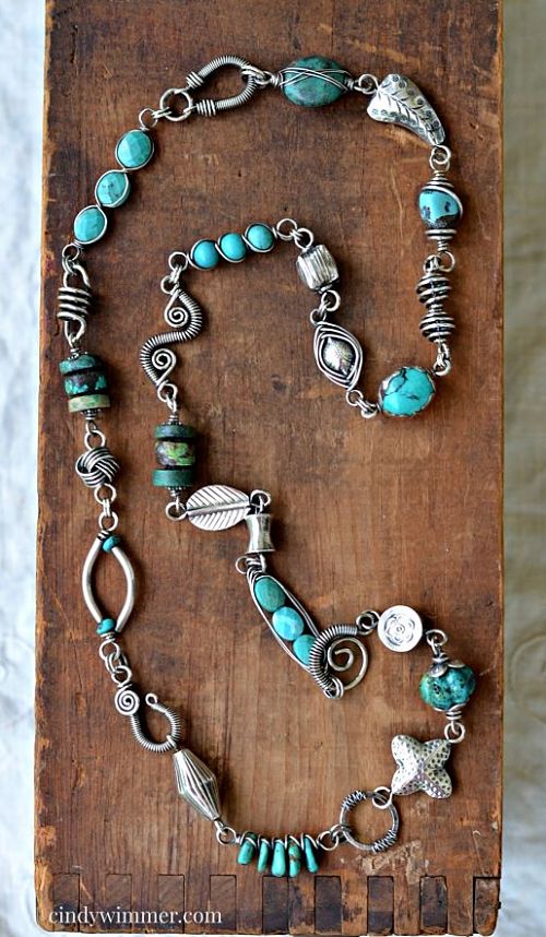 Turquoise and sterling silver wire link necklace by Cindy Wimmer