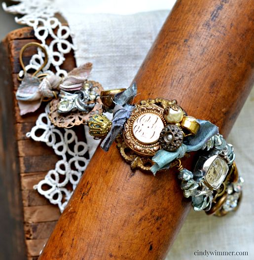 Vintage mixed media bracelet Somewhere in Time by Cindy Wimmer ~ Winter 2015 Jewelry Affaire