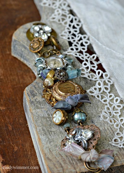Vintage mixed media assemblage bracelet by Cindy Wimmer